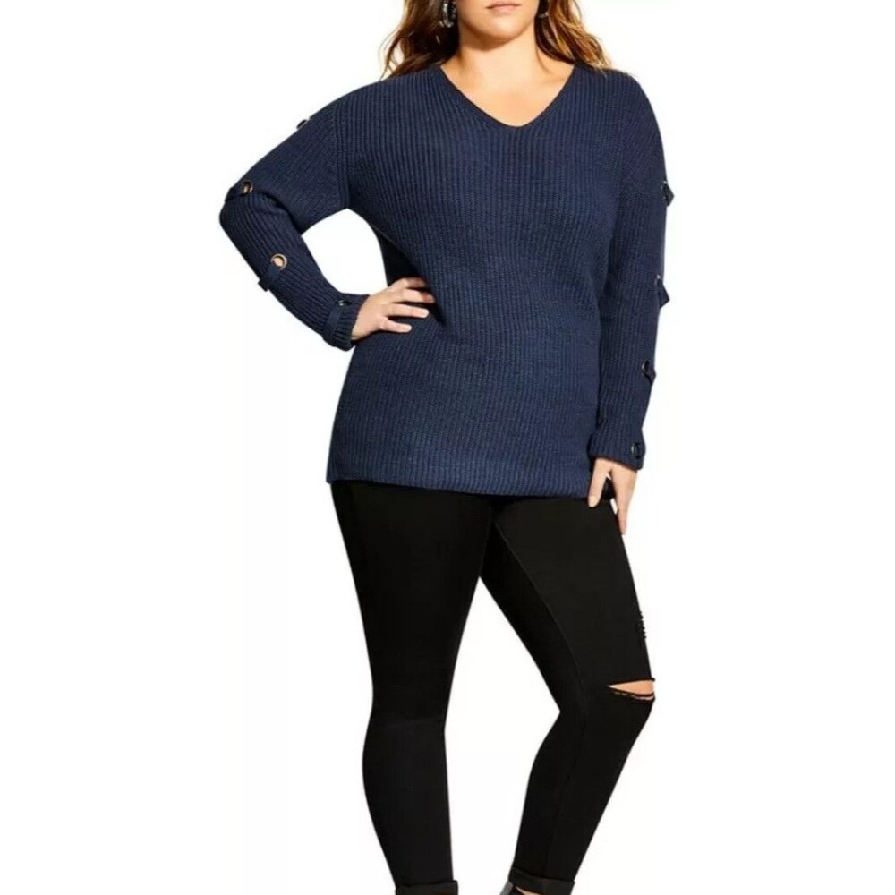 City Chic Sweater Top Plus Size 2XL/22 Navy Blue Grommet Sleeves Eyelet Winter
